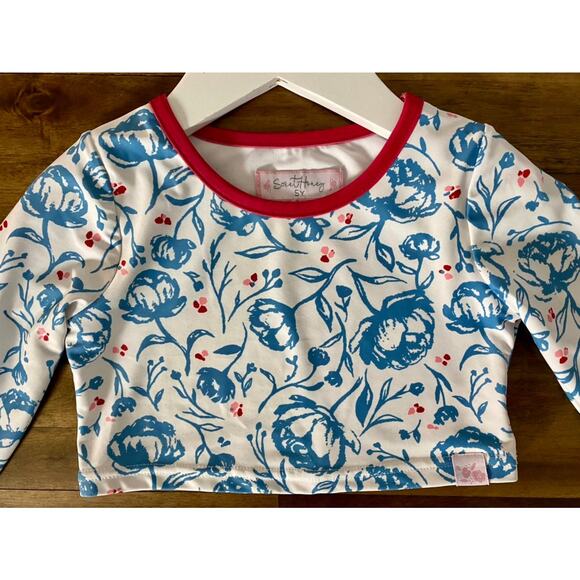 SweetHoney Micah Crop Rash Guard Swim Long Sleeve American Floral Red Blue Cream - Picture 3 of 10